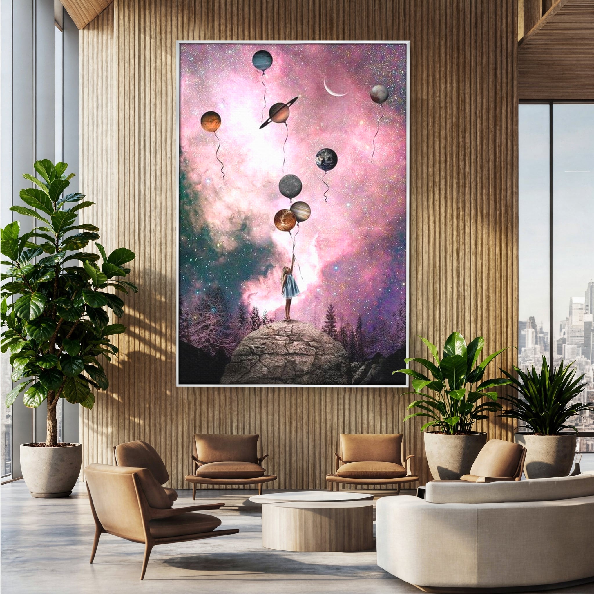 Tablou canvas cu ilustratie fetita tinand baloane planete, in rama de aluminiu argintiu, pe perete intr-un birou